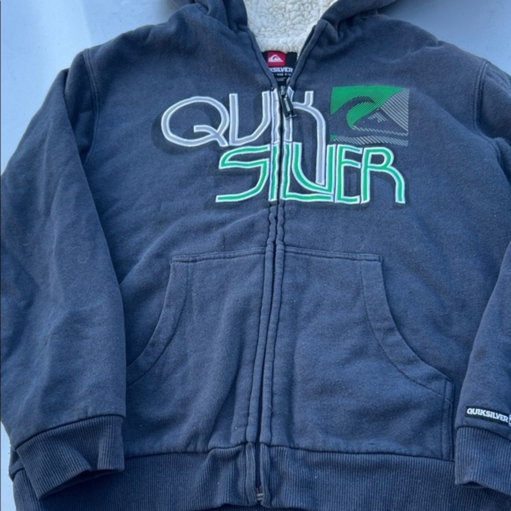 Vintage Quiksilver Faded Blue Hoodie with Green Logo Accents SZ 8-10::Cozy Linin